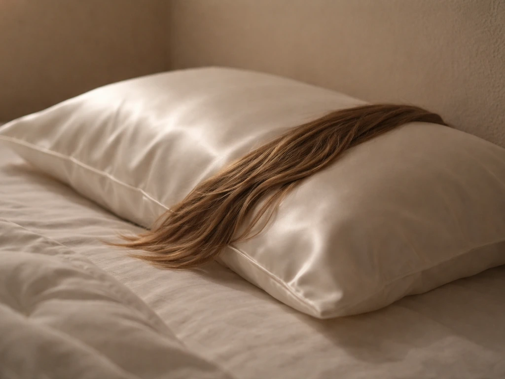 Long hair resting on a satin pillowcase in a minimal bedroom setting, suggesting night-friction protection.