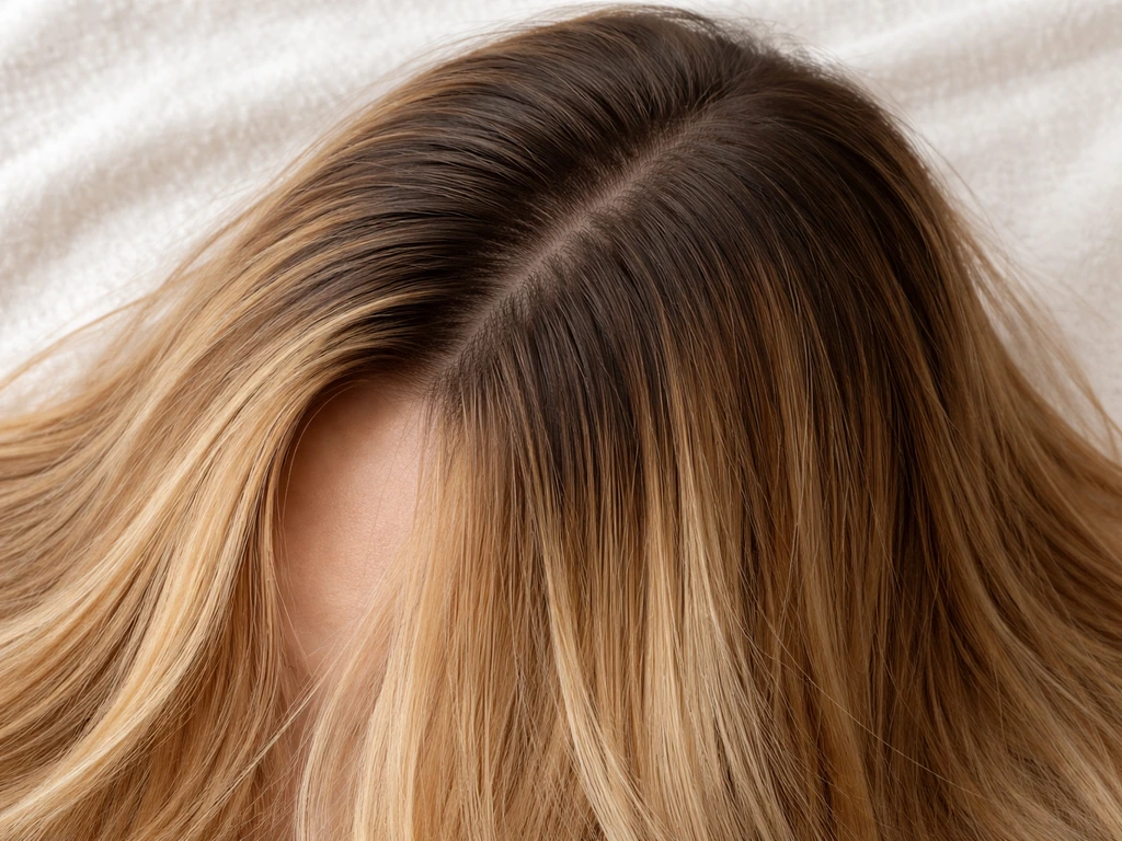 Overhead view of hair showing a clear regrowth line where natural roots meet dyed mid-lengths