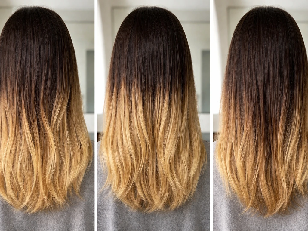 Split-stage photo showing hair ends fading and natural regrowth at early, mid, and late grow-out.