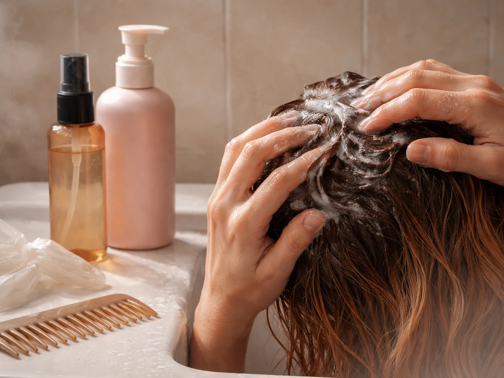 Anonymous hands applying color-safe shampoo to damp hair with gloves and heat-protectant nearby.