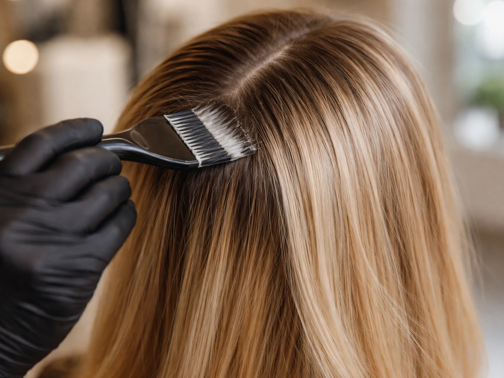 Stylist hand using a tint brush to soften the demarcation line between natural roots and dyed hair