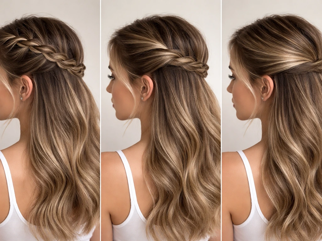 Three close-up hairstyle examples—braid, twists, and half-up—showing grow-out two-tone contrast minimized.