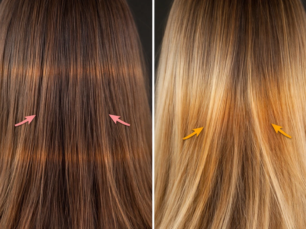 Split close-up of hair showing banding stripes on one side and warm brassiness uneven patches on the other.