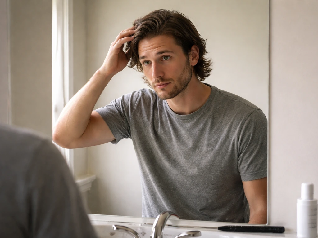 Man with medium-length growing hair checks his reflection in a simple bathroom mirror
