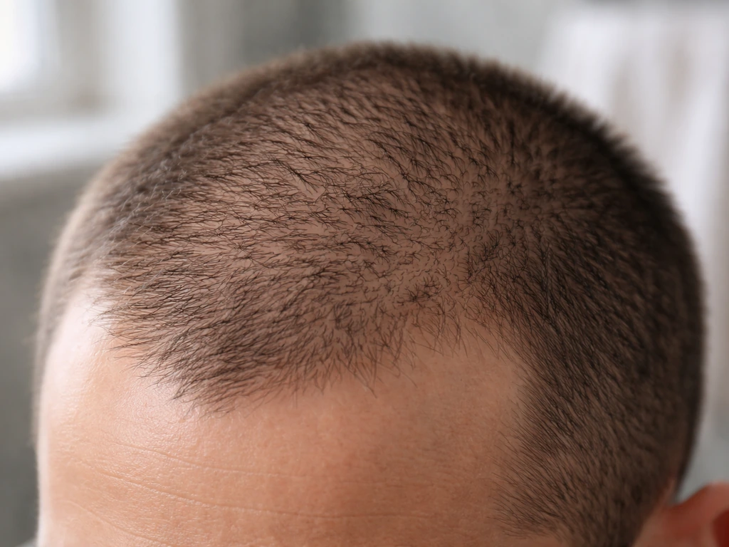 Close-up of regrowing hair after a buzz cut, patchy uneven stubble in natural light.