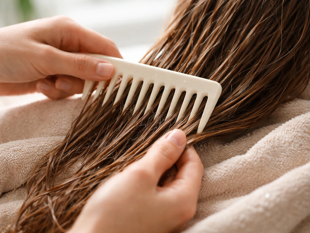 Hands combing wet hair with a wide-tooth comb while a towel dries strands safely