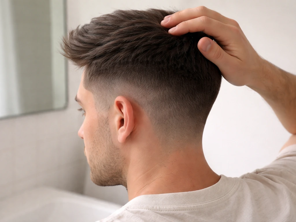 Close-up of a short tidy haircut with clean neckline and smoothed top hold in soft natural light.