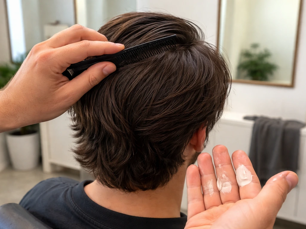 Hairdresser styling a person’s medium-length hair with a loose side part using a small dab of paste.