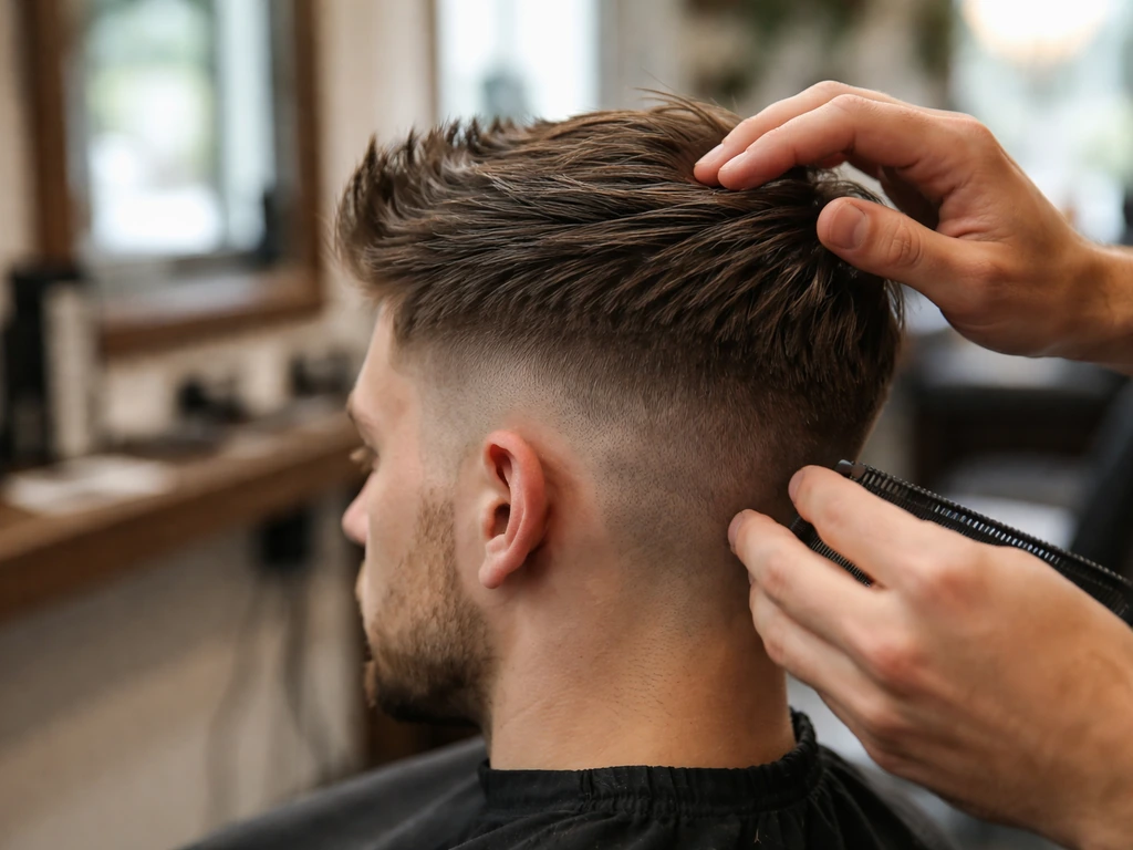 Barber applying hair wax to a man’s longer top while the undercut grows out at the sides.