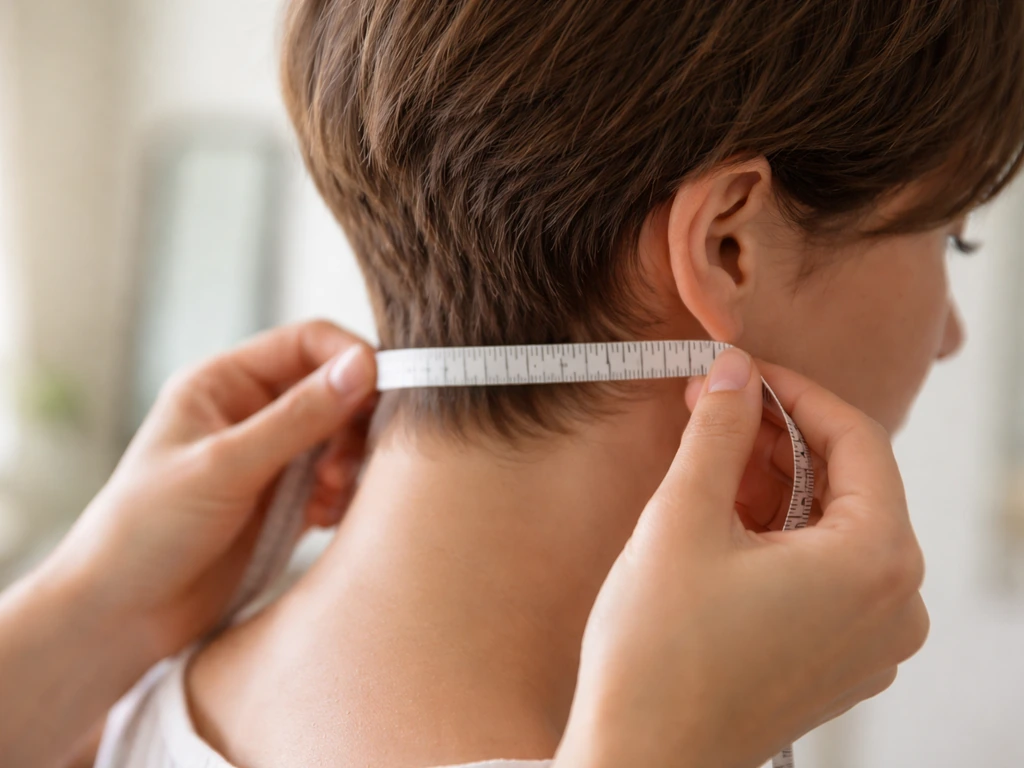 Anonymous person measuring short hair at the ear with a measuring tape in a bright bathroom.