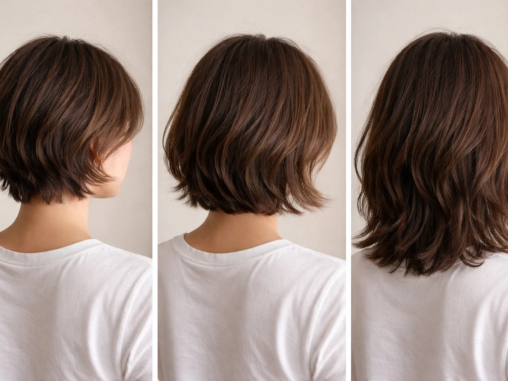 Three side-by-side close-ups showing hair length progressing from ear-length to chin to shoulder.