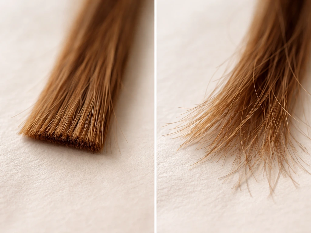 Close-up of hair ends showing a freshly trimmed section versus untrimmed ends with split ends.