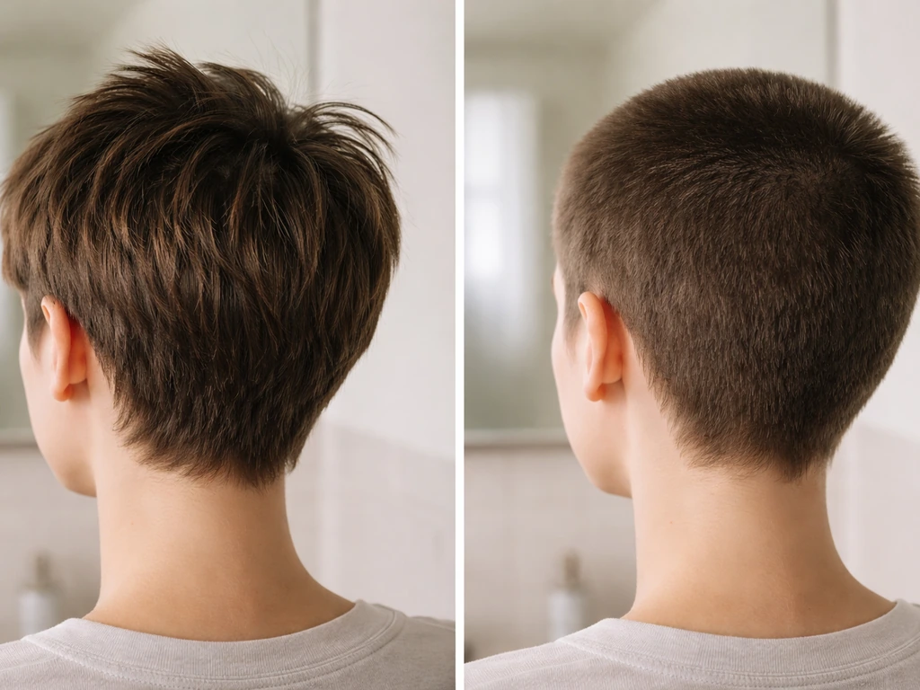 Two close-up, split-style views of hair grow-out: pixie top vs buzz cut overall length, in a bathroom setting.