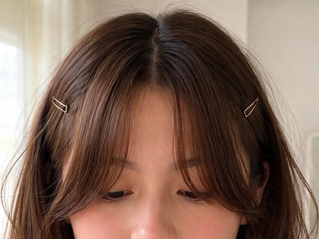 Cropped bangs in the “curtain phase” gently parted with small bobby pins and clips