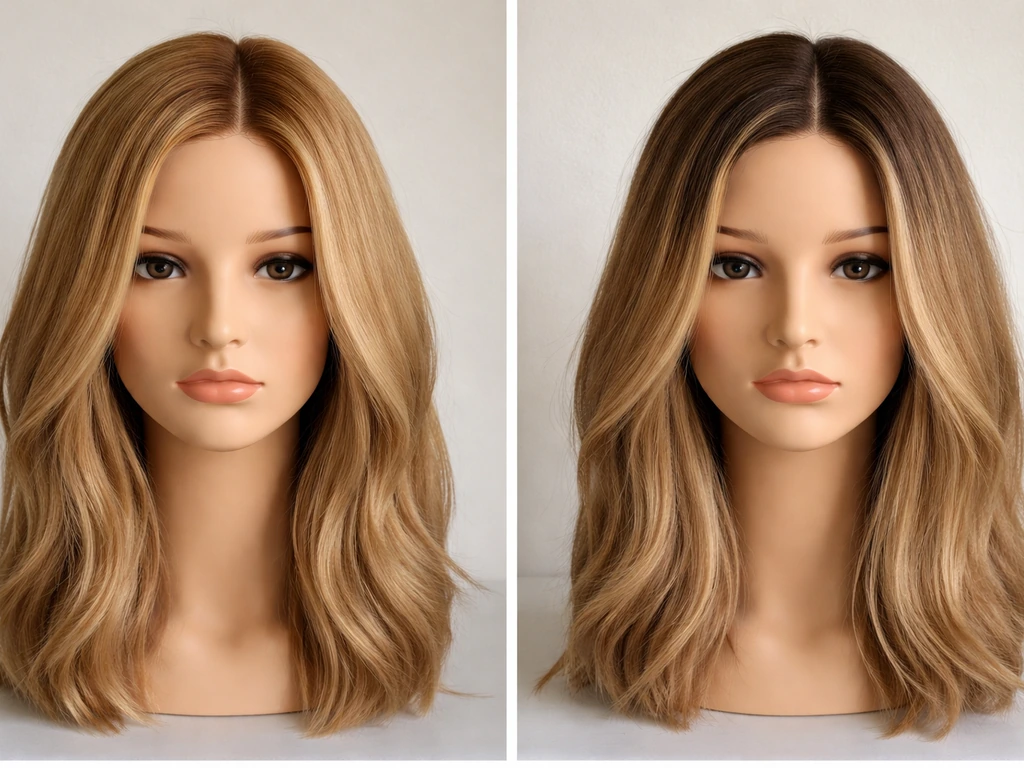 Split-view photo showing natural regrowth roots blending into dyed hair lengths, before-and-after grow-out look.
