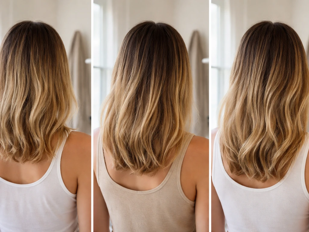 Woman’s hair in three natural grow-out stages photographed at home, showing regrowth and blending