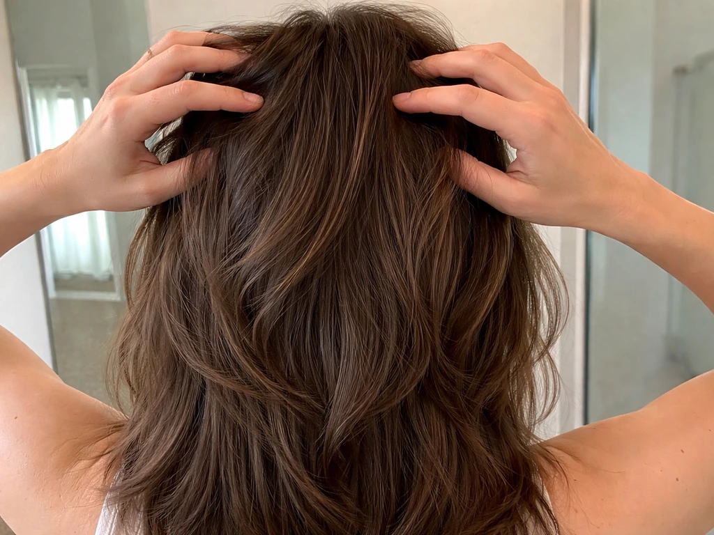 Hands gently parting layered hair showing uneven new growth, then softly blending sections.