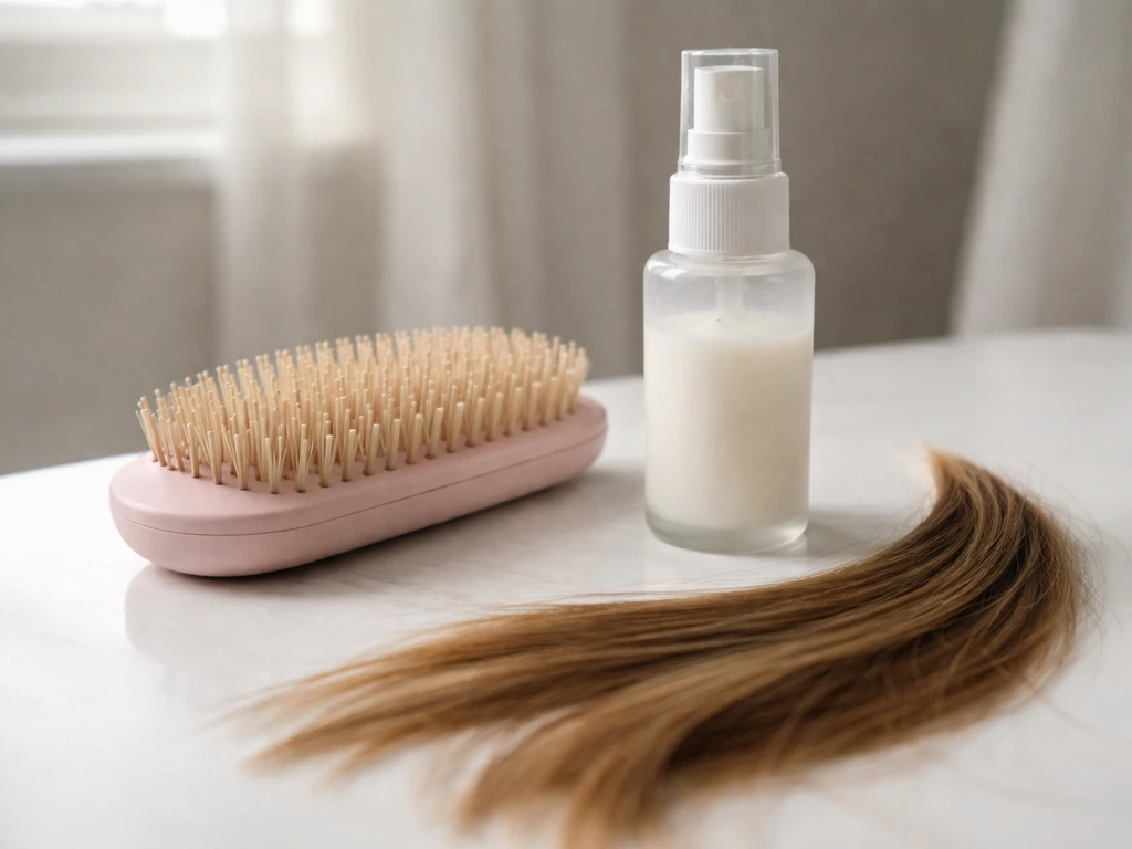 Close-up of detangling brush, leave-in conditioner, and healthy hair ends on a clean bathroom counter.