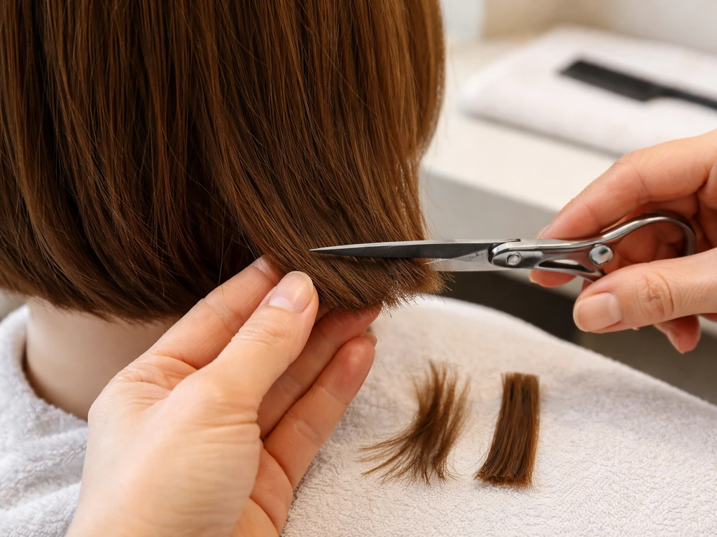 Hairstylist trimming a small amount of hair ends, with split ends contrasted against freshly cut ends.